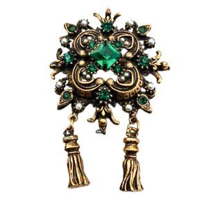 Vintage Ornate Emerald Green Brooch Pendant